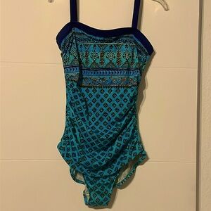 Maxine of Hollyood One Piece Women’s Aqua Blue Incan Print Swimsuit Size 14